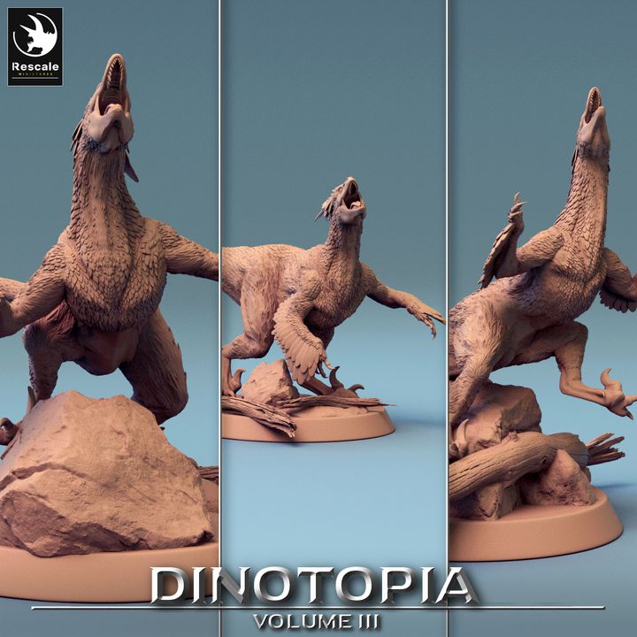 Composite image of multiple Pyroraptor miniatures showing different poses.