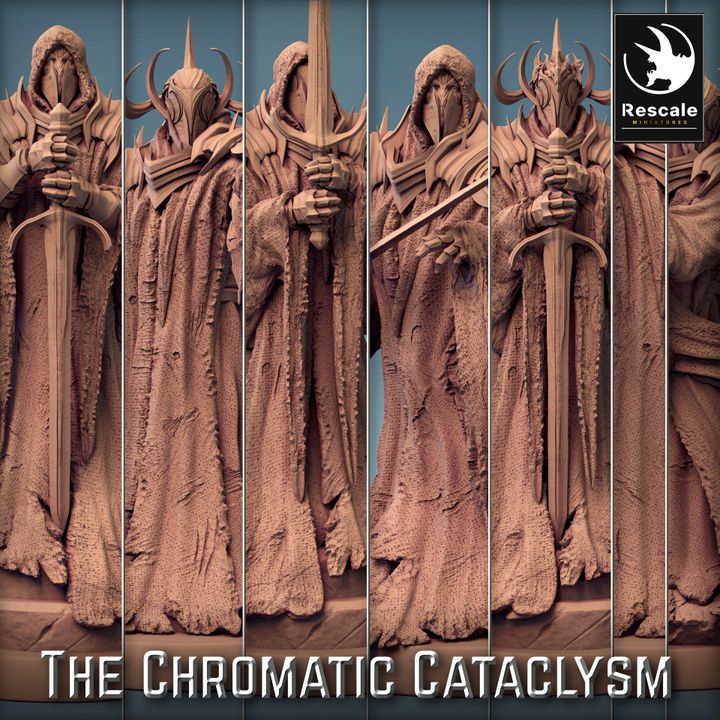 A full collection of Tiamat Shadow Guard miniatures, featuring cloaked figures with large swords and intricate armor. Great for use in fantasy tabletop games like Dungeons and Dragons or Pathfinder.