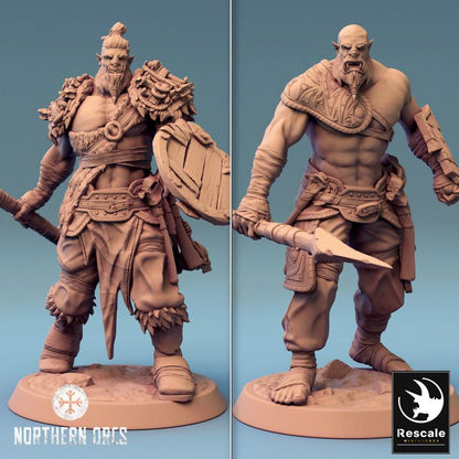 Two orc warriors side by side, each armed with a spear, one with a shield, showcasing different stances.