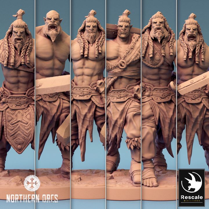 Collage of Orc Soldier miniatures in various poses—wielding swords, hammers, and shields. Each stance depicts a battle-ready Orc, suitable for tabletop RPGs like Warhammer or Dungeons & Dragons. These orcs might be strong, but they don’t skip arm day—clearly, they have hammers and shields for that.