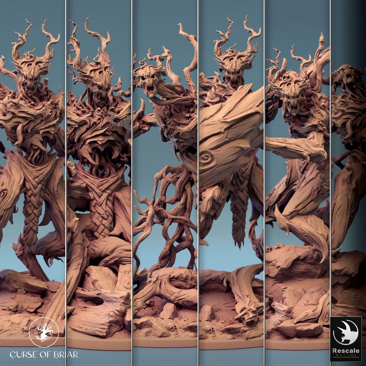 A collage of the Twig Blight creature in various dynamic and aggressive stances, showcasing its menacing tree-like form and intricate wooden textures, capturing a range of motion suitable for dark fantasy or nature-based TTRPG settings.