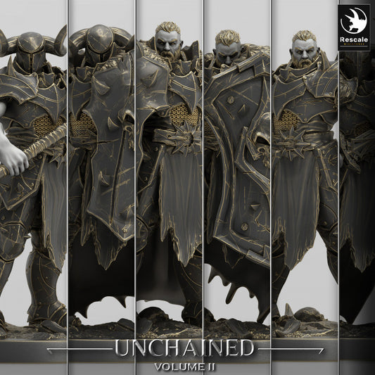 Collage picture of Unchained Raiders, armored warriors wielding axes, hammers, and a banner