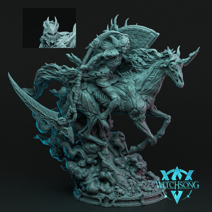 Persephone, Death Reborn miniature, featuring Persephone mounted on a undead unicorn, holding a large curved sword, with flowing armor details, ideal for use in fantasy tabletop RPGs like Dungeons & Dragons.