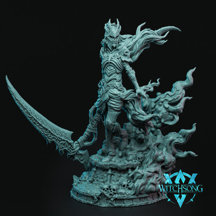 Persephone, to War miniature with a helmet, showcasing intricate armor details and a commanding pose with a massive sword, suitable for TTRPG games like Pathfinder.