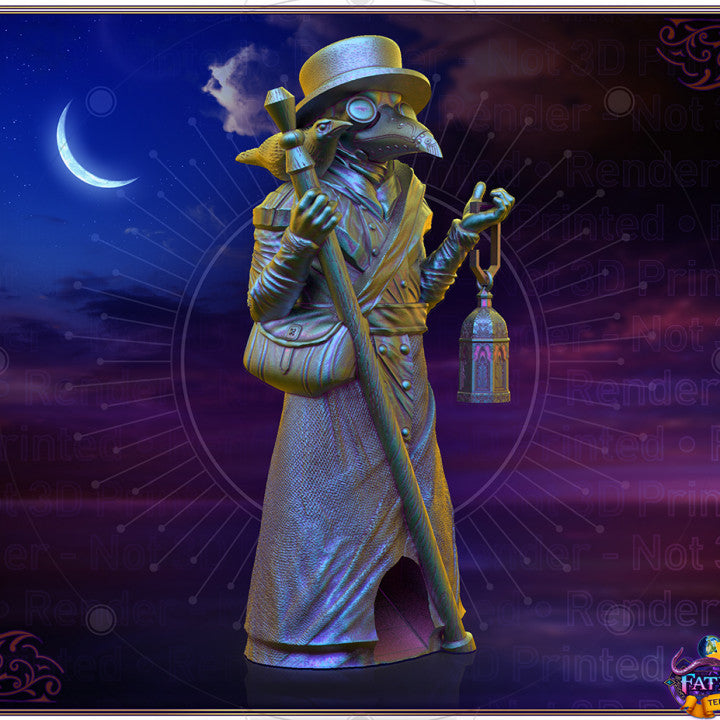 Plague Doctor Dice Tower miniature standing upright, holding a lantern in one hand and a staff in the other, dressed in a long coat with a hat. Ideal for use in fantasy tabletop RPGs such as Dungeons and Dragons or Pathfinder.