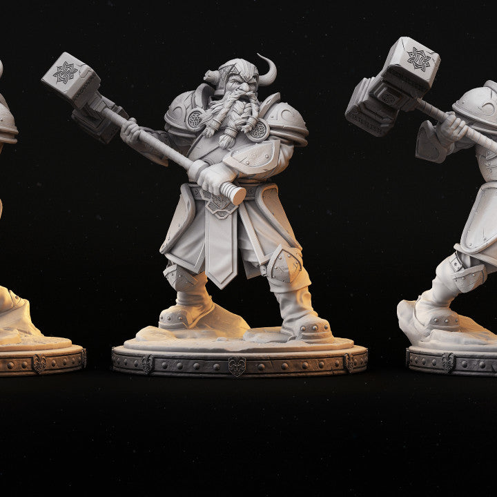 Bruhmmir, Dwarf Fighter miniature with heavy armor and a large warhammer, standing in a strong pose, ideal for tabletop RPGs.