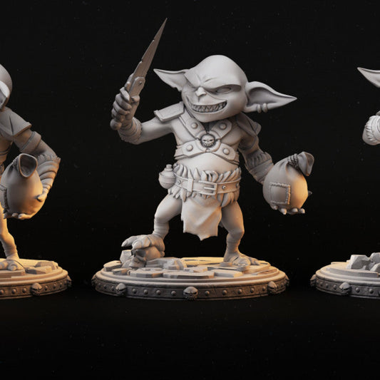 Goblin miniature wielding a dagger, holding a sack of loot, with a mischievous grin and ready for battle.