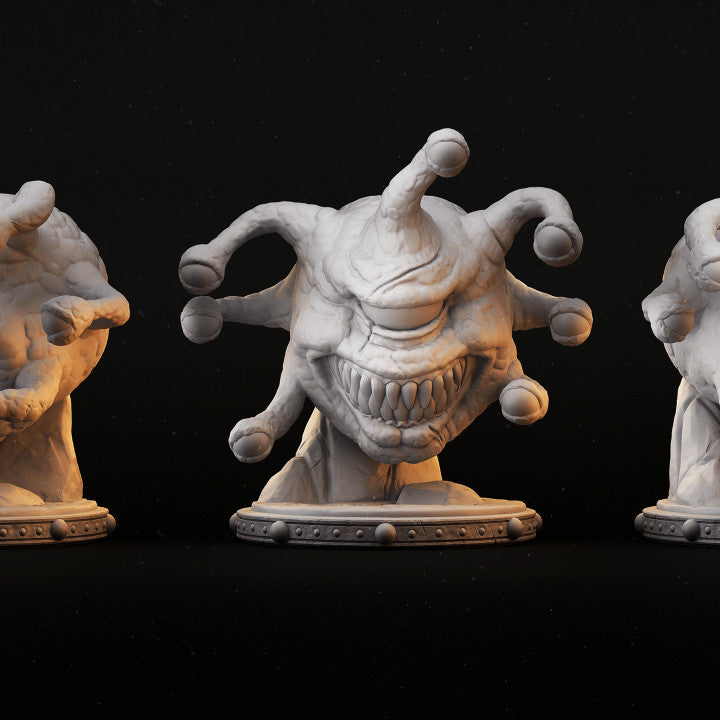 A detailed standard-sized miniature of the Watcher, an aberration with a twisted grin, multiple eye stalks, and a menacing presence, designed for use in tabletop RPGs like Dungeons & Dragons and Pathfinder.