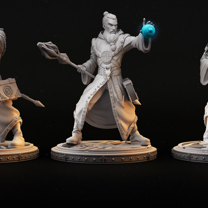 Erius Lumos, Wizard miniature holding a glowing orb and staff, ideal for tabletop RPGs and miniature painting.