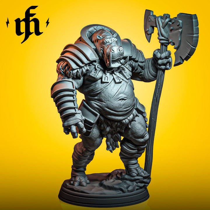 Pumpernackle Strongjaw miniature featuring a hippo warrior holding a large axe