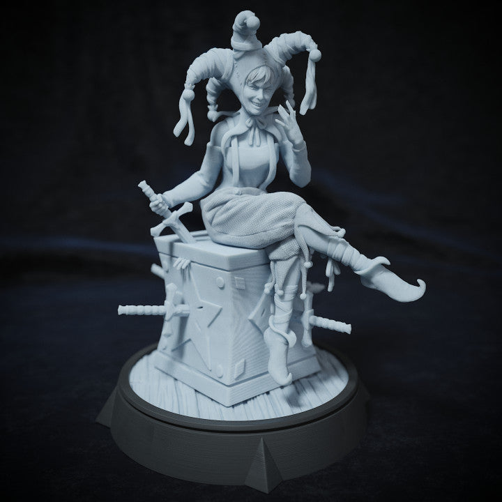 Quenney miniature, a female jester dressed in classic clown attire, sitting atop a magician's box with multiple daggers embedded in it, exuding a playful and mischievous aura, ideal for TTRPG settings.