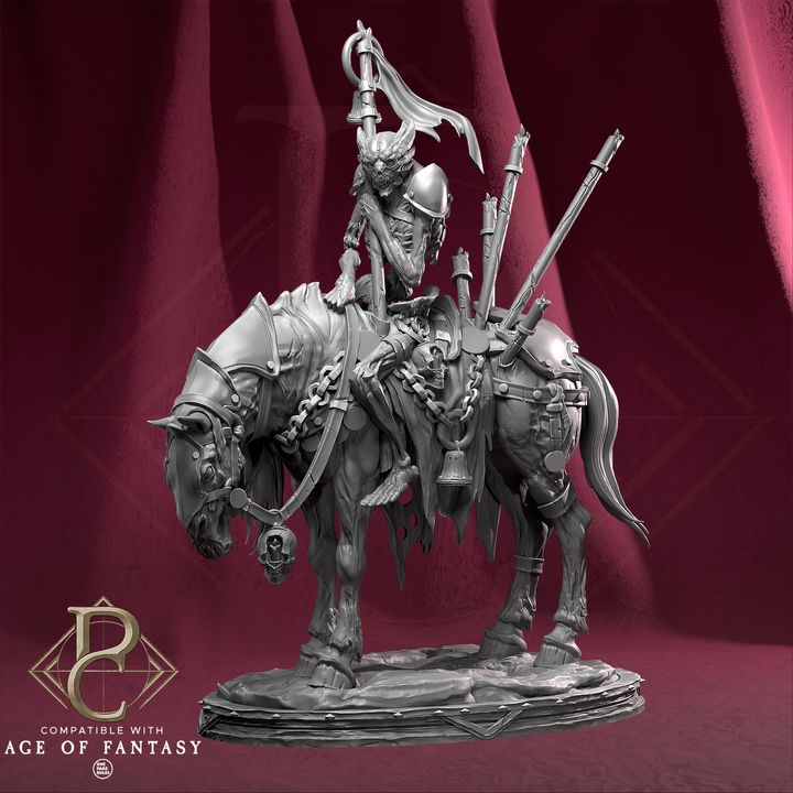 Custos Purgatorii miniature depicting a decaying demonic warrior in gothic armor riding a heavily armored horse, adorned with chains and weapons, holding a banner, ideal for dark fantasy tabletop gaming.