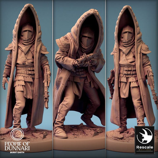 Three perspectives of the Razan Sandstorms character, a figure wearing a heavy hooded coat and armor, carrying a rifle-like weapon in one hand. The figure stands on rocky terrain, displaying various stances.