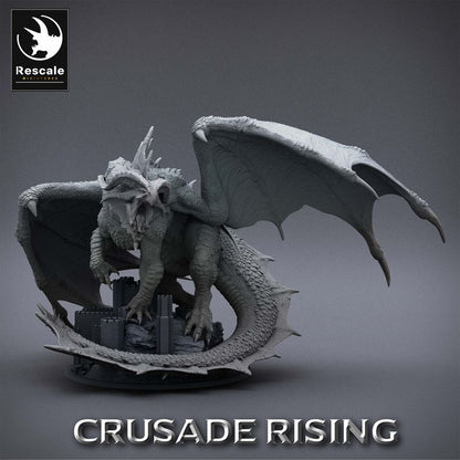 A detailed 3D miniature of a Legendary Chromatic Red Dragon perched over a crumbling fortress. The dragon's intricate scales, large wings, and powerful stance make it an ideal addition for Dungeons & Dragons, Pathfinder, and other tabletop RPGs.