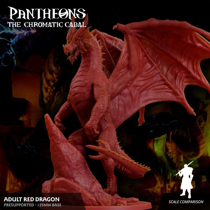 Front view of the Adult Red Dragon miniature, standing atop a jagged rock with wings spread wide.