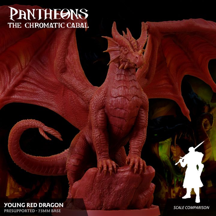 Front view of a Young Red Dragon miniature perched on a rocky terrain, wings spread wide, and staring menacingly.