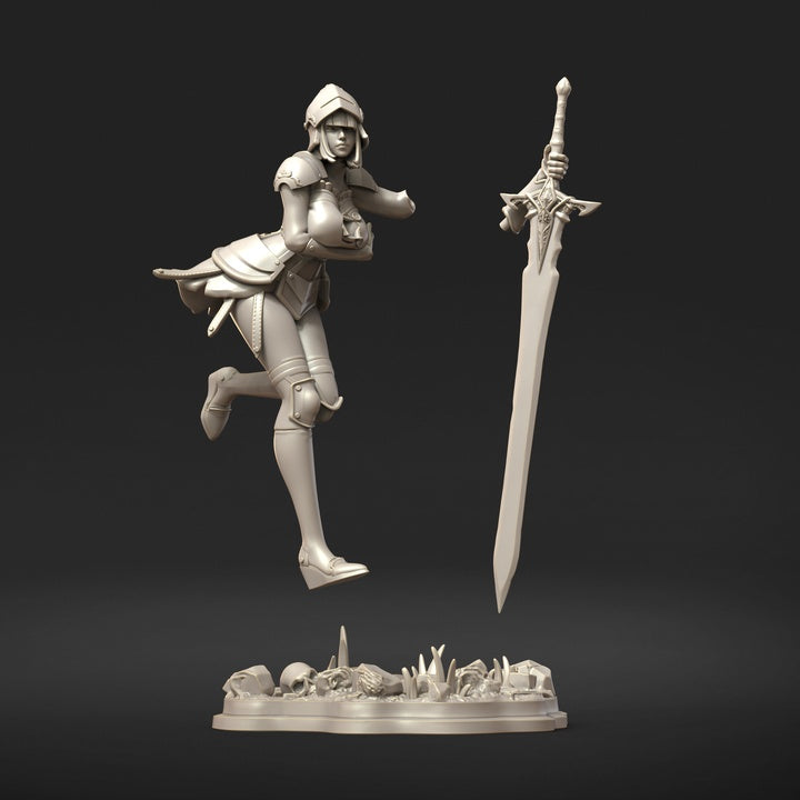 Brienne female paladin knight miniature holding massive greatsword, detailed plate armor, heroic stance, fantasy warrior miniature suitable for tabletop RPGs and wargames