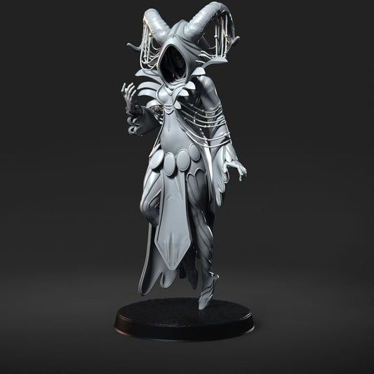 The Trickster, a hooded figure with large twisted horns, adorned with flowing robes and mysterious decorations, depicted in a detailed miniature for dark fantasy tabletop RPGs.