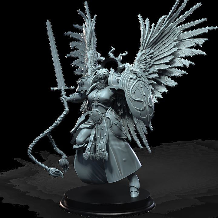 Agnes the Blade of the Emperor, a winged warrior in intricate armor wielding a sword and shield, with majestic wings unfurled, depicted in a detailed miniature for dark fantasy and sci-fi tabletop RPGs.