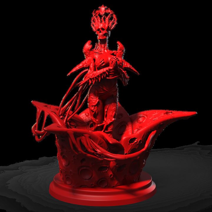 3D printed Flesh Demon miniature with a skeletal figure and crown-like headpiece, emerging from a fleshy, organic base with tendrils and limbs, designed for horror and dark fantasy tabletop games.