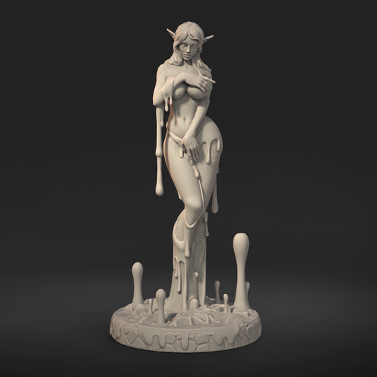 Melthira front view render – elven slime girl figurine with melting limbs, arms crossed over chest, base splashing upward.