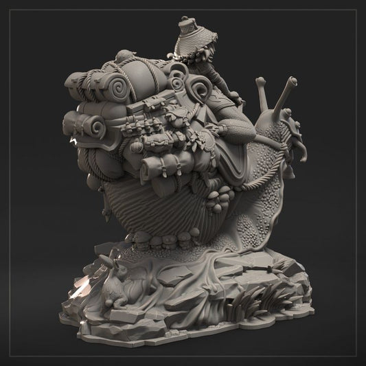 Rear view of Luma the Snail Merchant miniature highlighting the snail’s massive shell piled with rolls, baskets, and merchant supplies, with the vendor seated above.