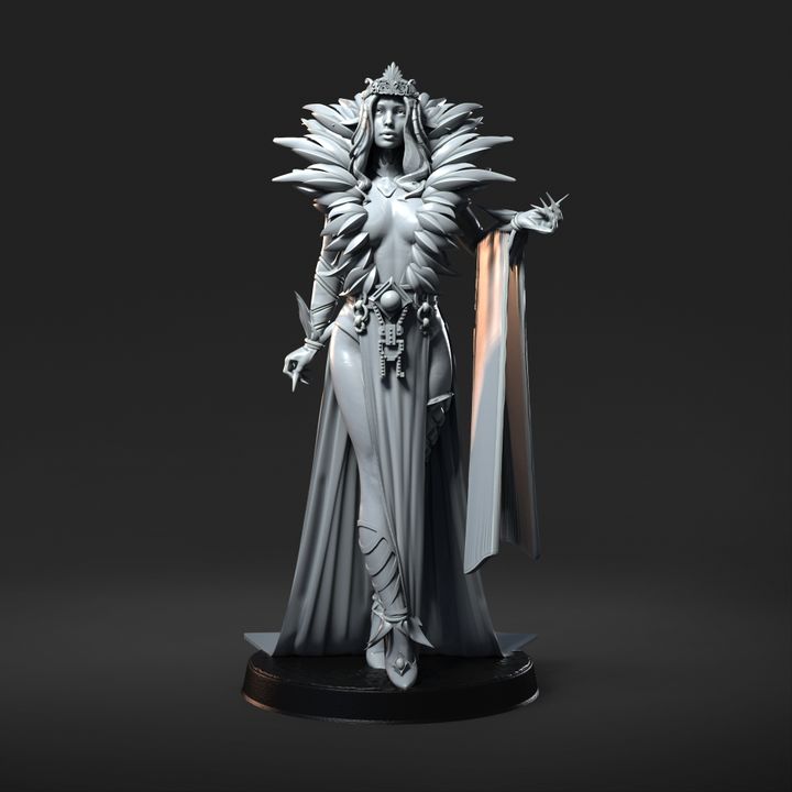 The Dark Queen, a regal figure with an elaborate crown, spiked armor, and flowing robes, depicted in a detailed miniature for dark fantasy tabletop RPGs.