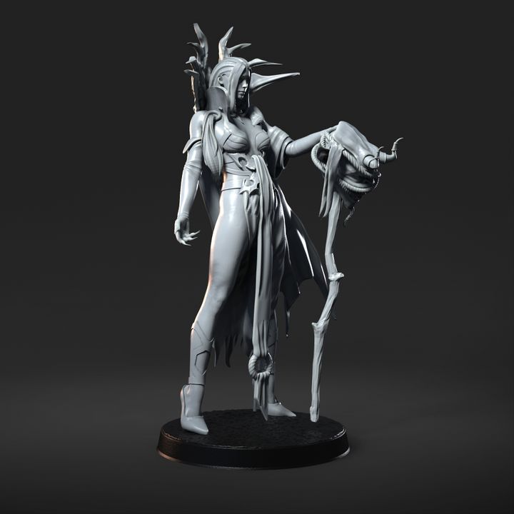 The Witch Hunter, a hooded figure holding a sinister staff topped with a grotesque, grinning head, depicted in a detailed miniature for dark fantasy tabletop RPGs.