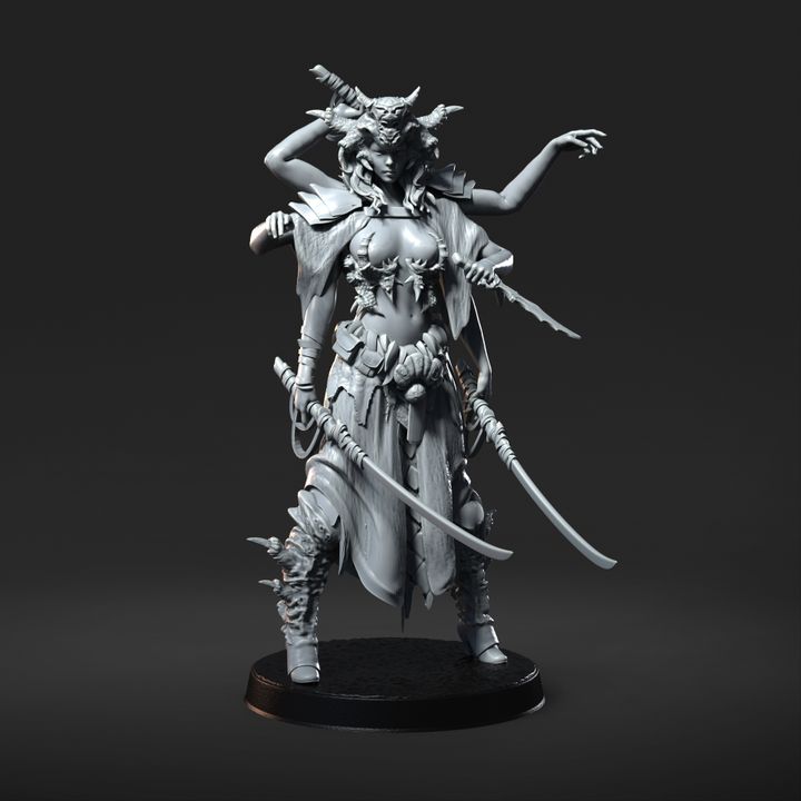 The Six-Armed Medusa, a figure with six serpentine arms wielding multiple swords, and adorned with a crown of horns, depicted in a detailed miniature for dark fantasy tabletop RPGs.