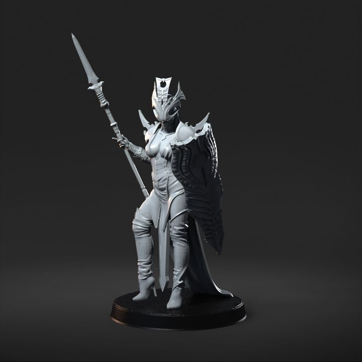 Gladiator Sister, a warrior clad in ornate armor, wielding a spear and shield, depicted in a detailed miniature for tabletop RPGs.