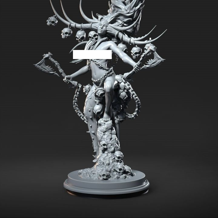 Hunter Goddess, a powerful deity adorned with antlers and skulls, wielding twin axes and standing atop a mound of skulls, depicted in a detailed miniature for dark fantasy tabletop RPGs.