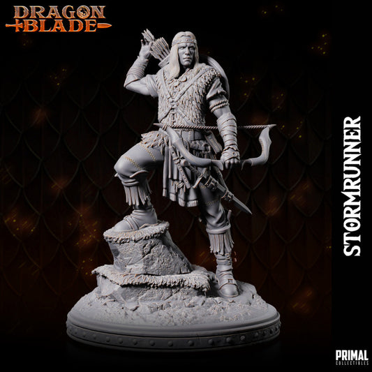 Stormrunner miniature, a Human Ranger in rugged furs and leather armor, standing on rocky terrain with a bow drawn and ready.