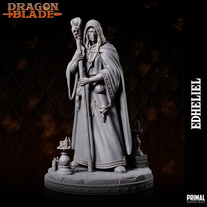 Edheliel miniature, a hooded human warlock holding a staff with skulls, surrounded by books and candles on a mystical base.