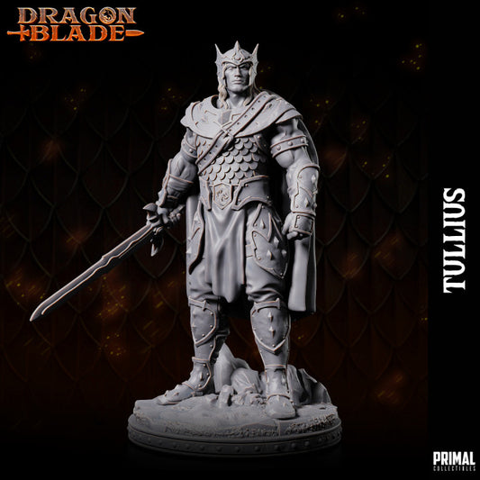 Tullius, a human warrior miniature, standing tall with a sword in hand, wearing a helm and detailed armor, ready for battle.