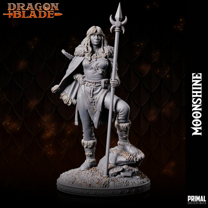 Moonshine miniature, an Elf Cleric dressed in fur-lined armor, holding a spear with determination.