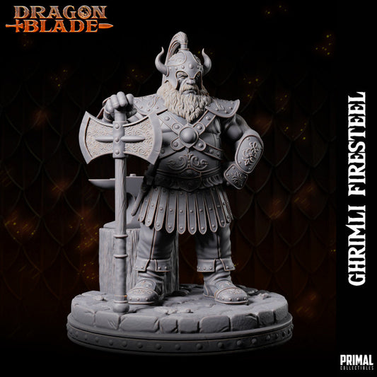 Chrimli Firesteel miniature, a Dwarf Warrior equipped with a large axe and wearing a horned helmet.