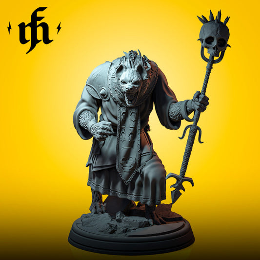 Gnoll warlock holding a skull-topped staff, dressed in tribal robes, standing on rocky terrain.