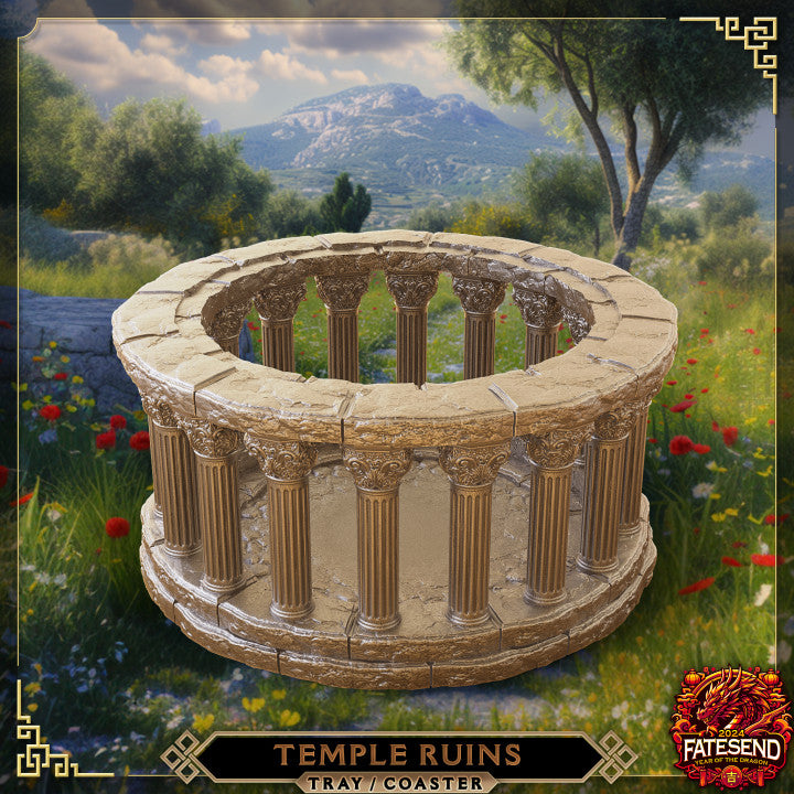 Ancient Ruins Dice Rolling Tray, featuring a temple-like structure with columns and stone details, ideal for tabletop RPG games like Dungeons & Dragons.