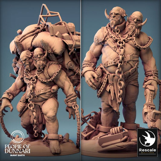 Sand Ettin walking forward, carrying a pack of scavenged machinery, chains, and mechanical arm.