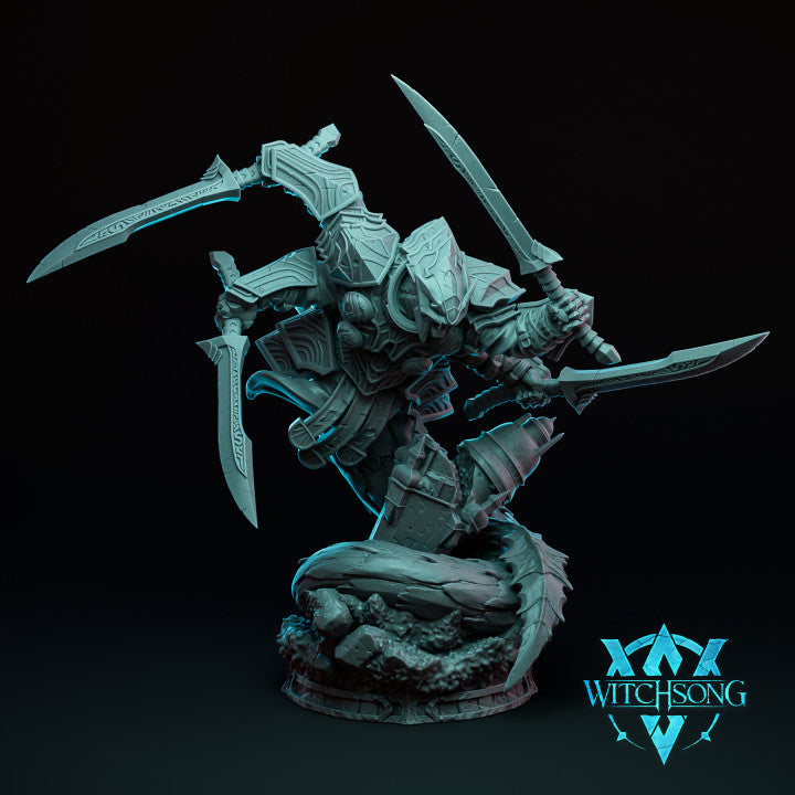 Sehrpahnt, the Four Armies miniature, depicting a four-armed warrior with detailed armor, each arm holding a sharp curved blade, perfect for use in fantasy tabletop RPGs such as Warhammer and Dungeons & Dragons.