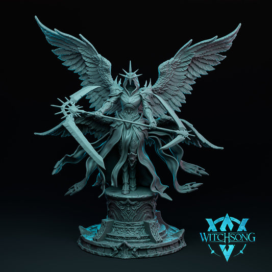 Sunlight Seraph miniature from Witchsong, showcasing a celestial warrior with large wings, a crown, and a dual-bladed weapon, standing on a detailed, ornate base.