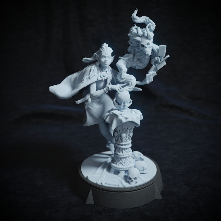 Shinra Allseeker miniature, an elf female fortune teller, posed with a crystal ball atop a skull-decorated pedestal, swirling spirits around her, dressed in flowing robes, perfect for adding magic and mystery to a TTRPG setting.