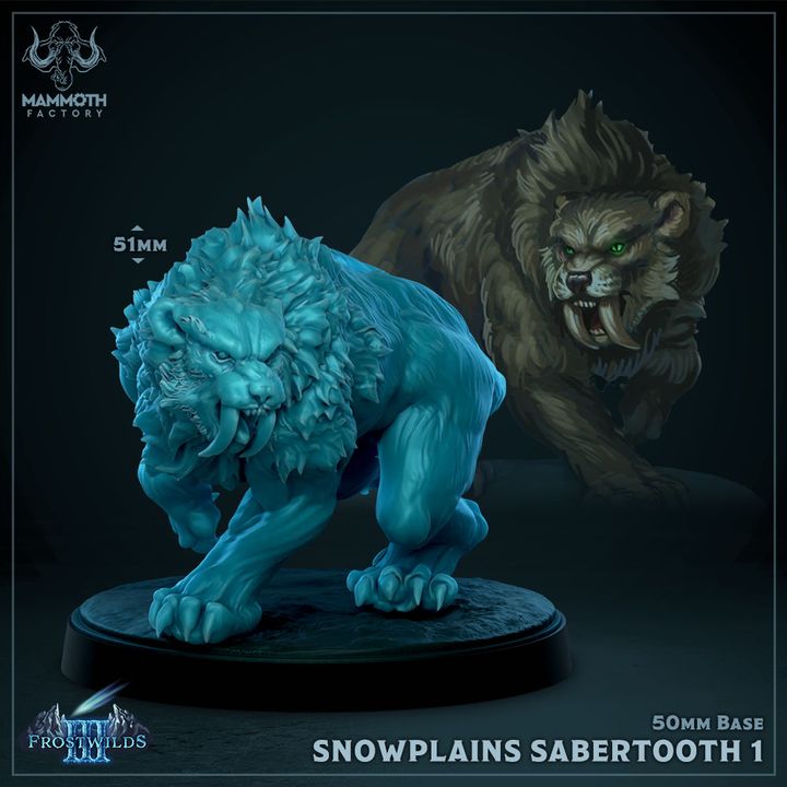 Snowplains Sabertooth Tiger figure ready to pounce, showcasing sharp fangs and muscular detail, set on a 50mm base.