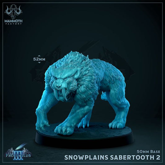 Snowplains Sabertooth Tiger miniature in an aggressive stance, detailed with icy blue fur, on a 50mm base.