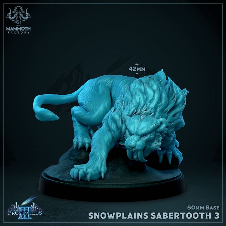 Snowplains Sabertooth Tiger crouching and snarling, with intricate fur texture and a 50mm base, for tabletop RPGs.