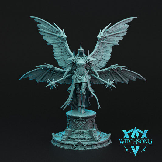 Starlight Seraph miniature with large wings, detailed armor, and star-shaped maces, standing on a decorative base.