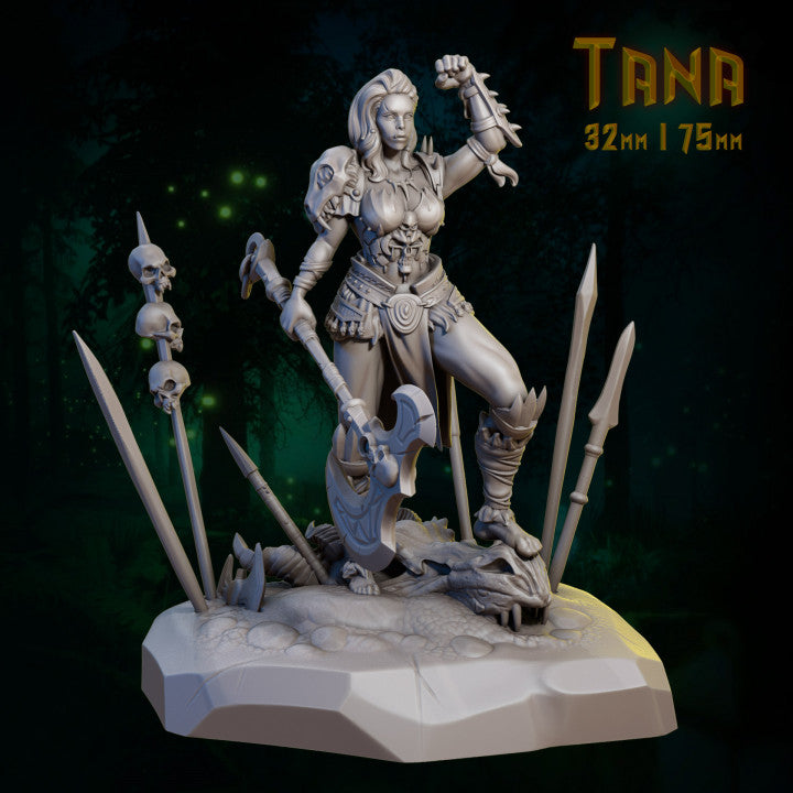 Tana, an Orc Barbarian, stands triumphant with her axe over a fallen foe. Dressed in heavy armor and adorned with skulls, she exudes strength and dominance. The base is detailed with weapons and skulls, creating a fierce and imposing atmosphere.