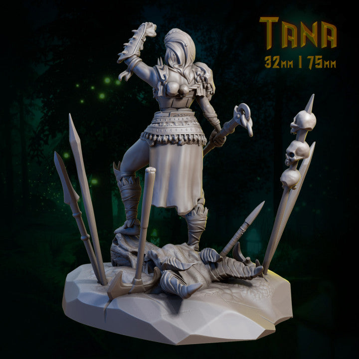 Tana, the Orc Barbarian, depicted from the back with her axe raised high. She stands over a defeated enemy, surrounded by spears and skulls on the ground. Her rugged armor and battle stance highlight her prowess as a fierce warrior.