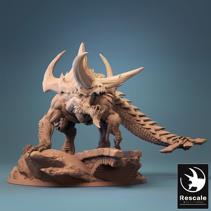 Highly detailed Tarrasque miniature with massive horns, thick scales, and a powerful stance, standing atop a rocky base with a broken bridge, embodying the ultimate challenge for any adventuring party.