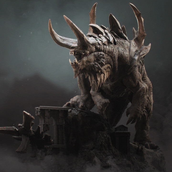 Titan Tarrasque miniature depicted as a colossal, terrifying beast with massive horns, sharp claws, and a menacing stance, standing atop a ruined structure, embodying ultimate destruction and challenge for any adventuring party.